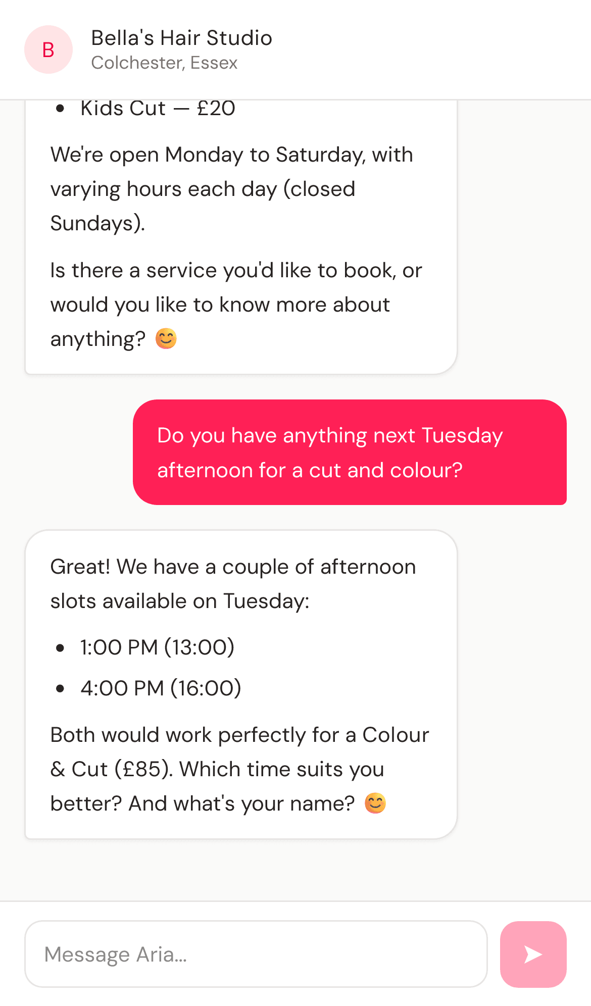 Aria checking live availability for a Tuesday afternoon cut and colour and offering two real time slots