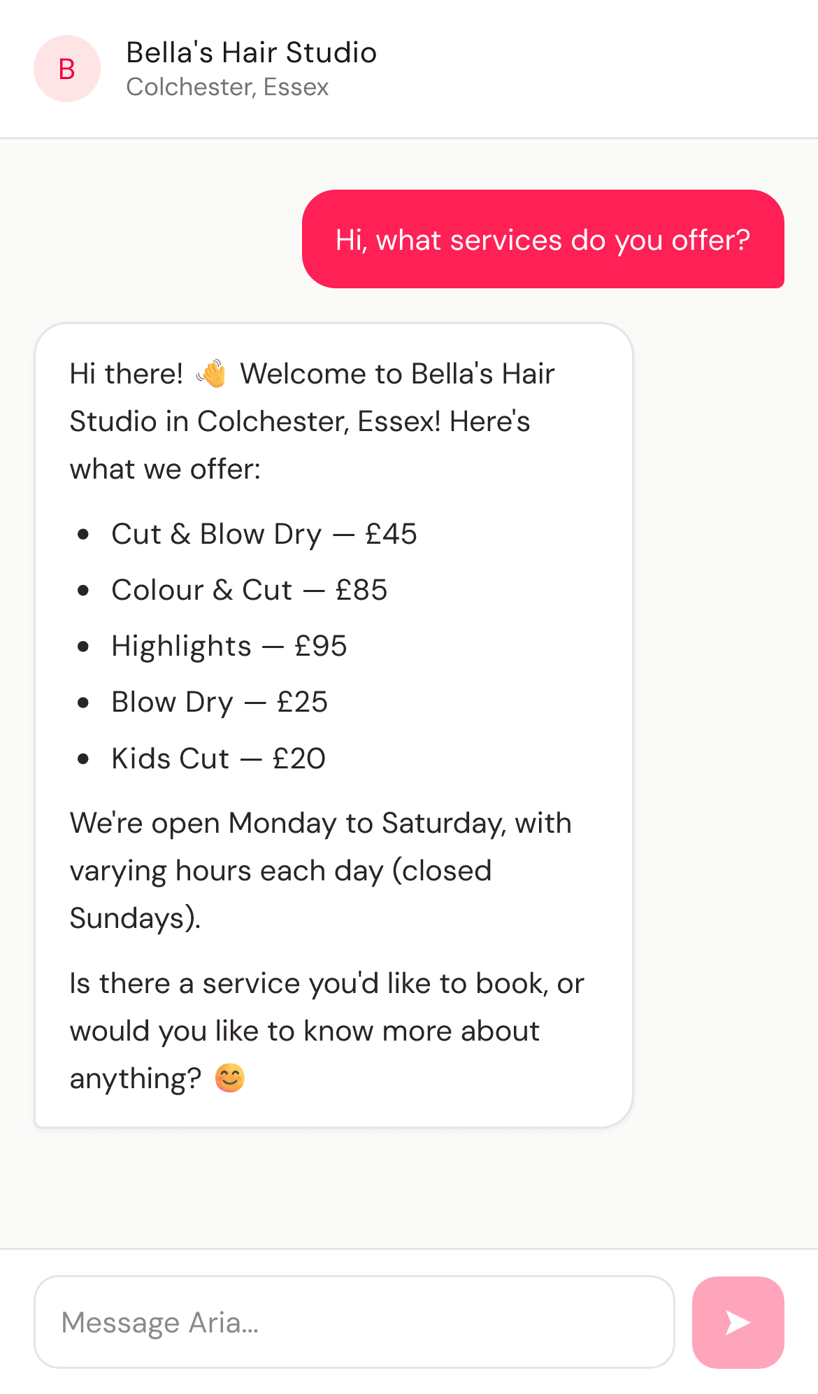 Aria listing services and prices in response to a customer asking what services the salon offers