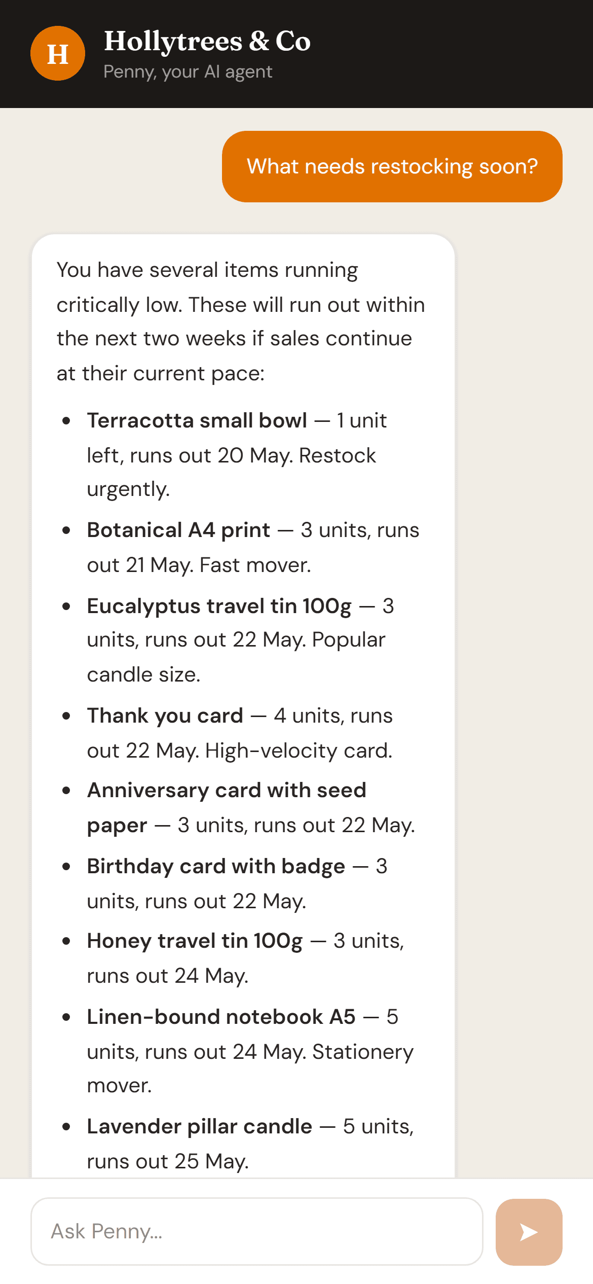 Penny answering a question about what needs restocking, listing specific products with their projected runout dates