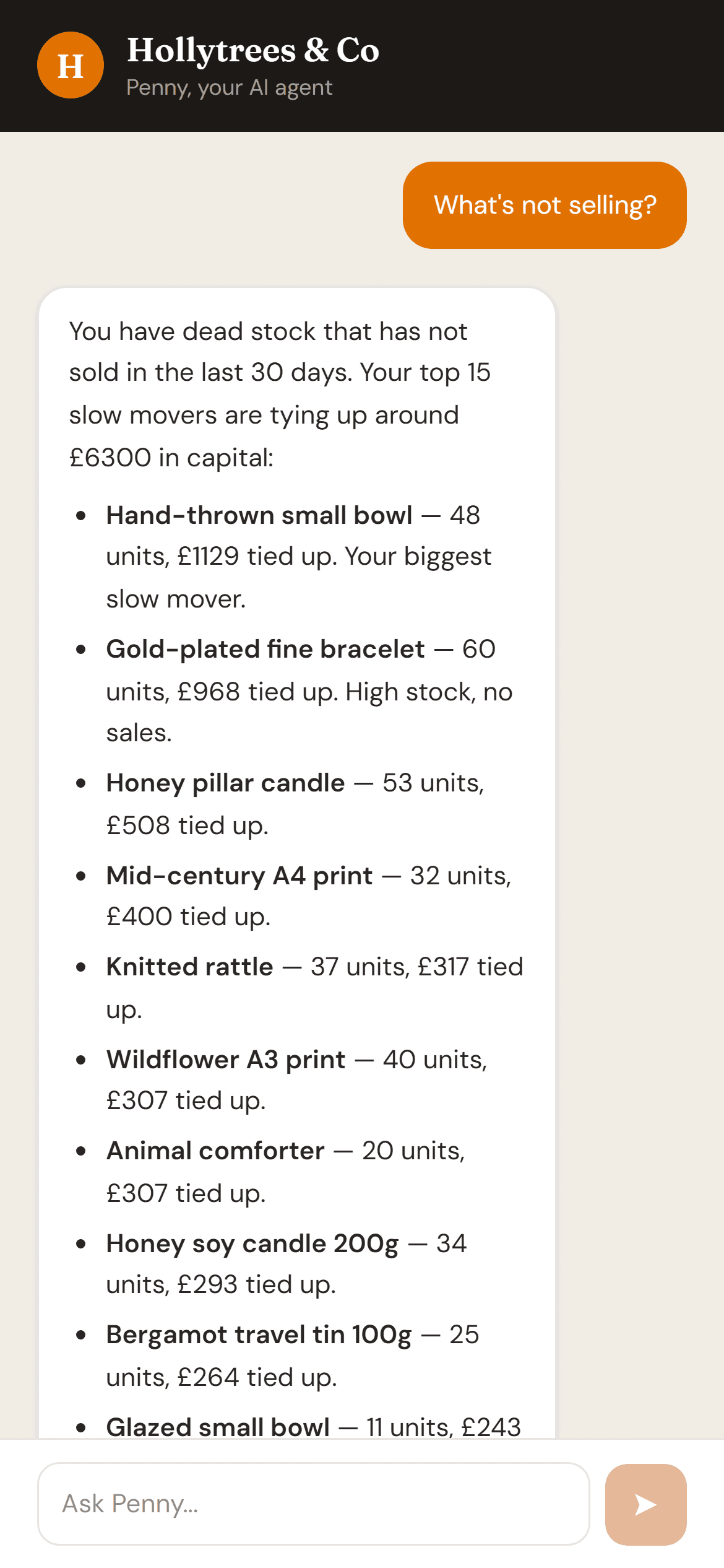 Penny showing dead stock with capital tied up per product and a recommendation to discount the ceramics and gold-plated jewellery